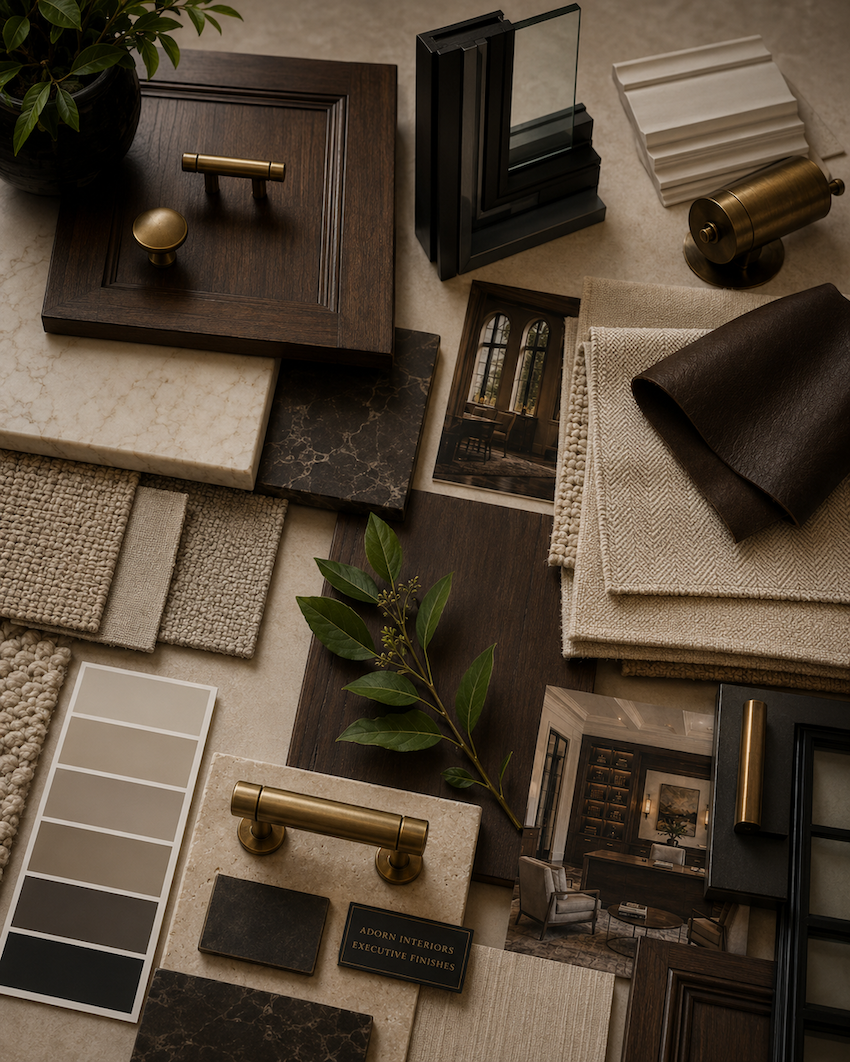 Luxury interior design finishes, materials, hardware, fabric, stone, wood, and architectural selections arranged for an Adorn Interiors project