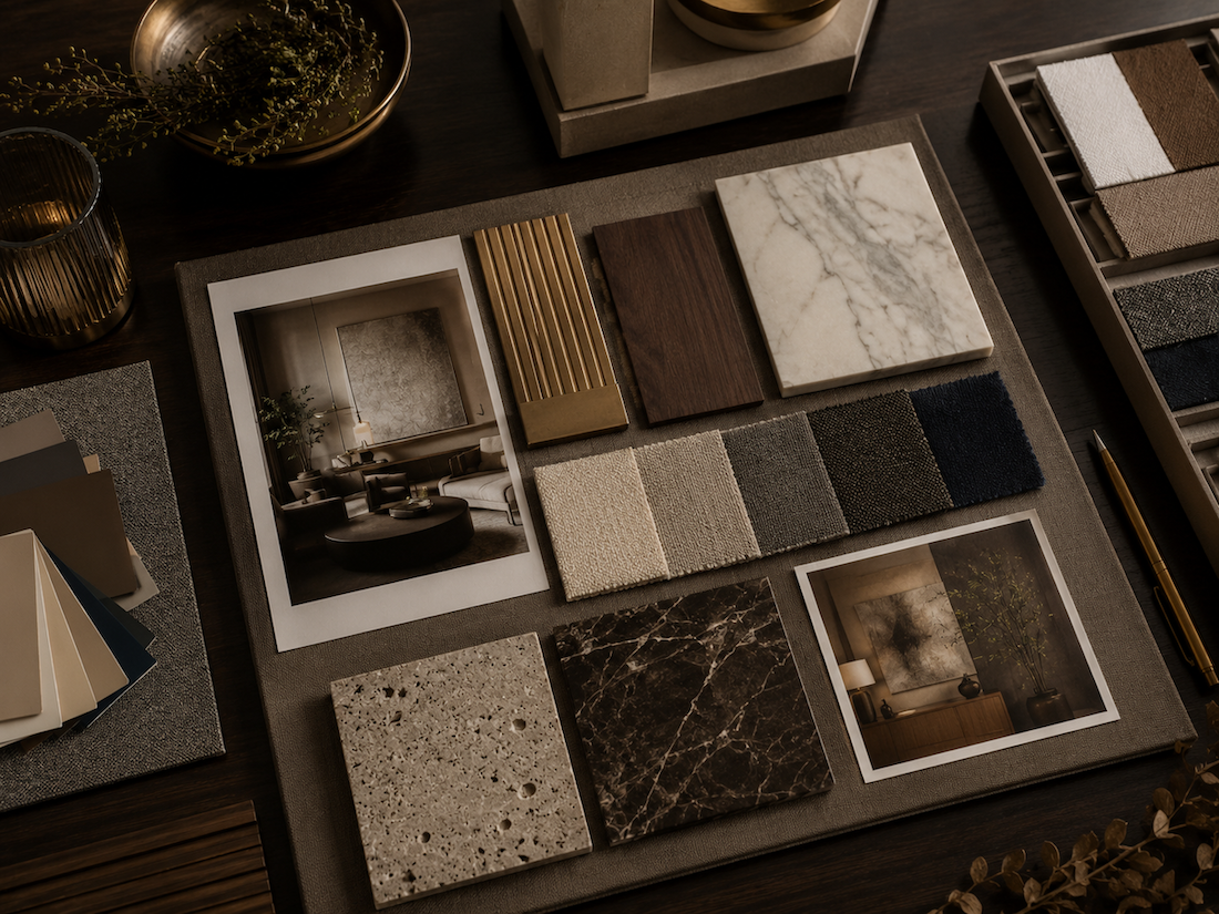 Luxury interior concept board with stone, walnut, aged brass, textiles, color samples, and refined interior imagery