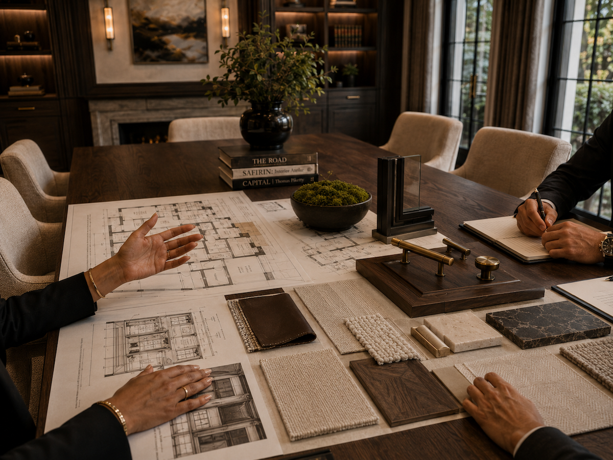 Interior design selections meeting with architectural drawings, material samples, finishes, hardware, greenery, and client collaboration around a conference table