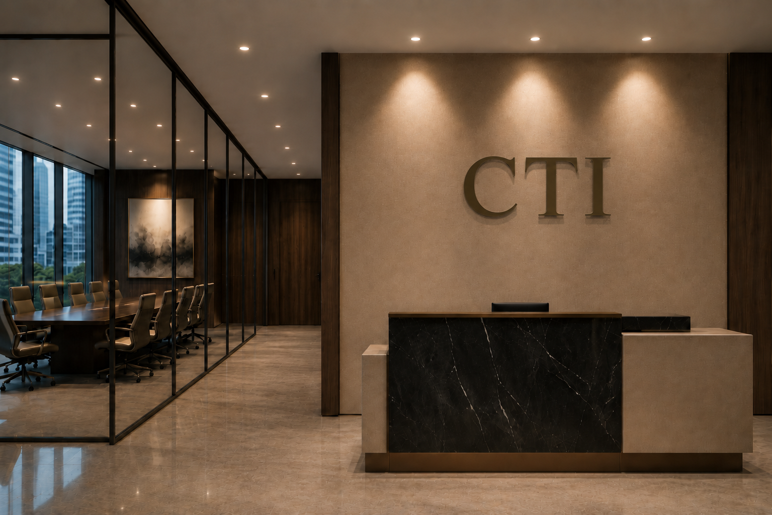 Modern executive and institutional office reception with CTI wall logo, black stone desk, glass conference room, and city views