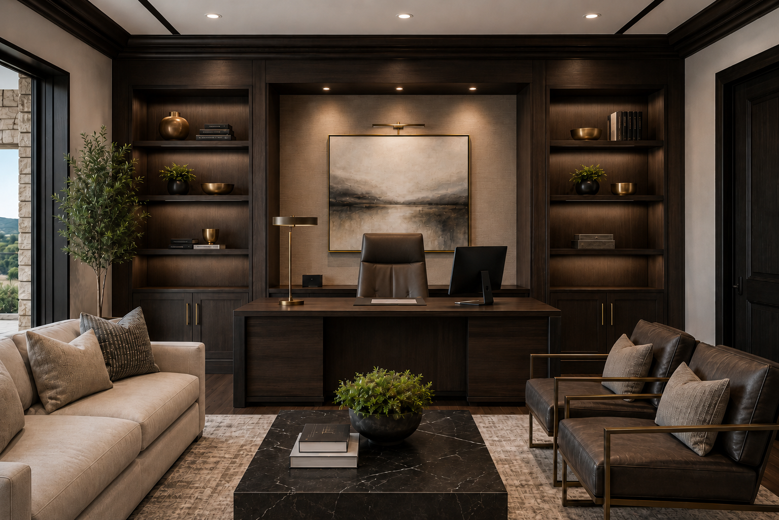 Executive and institutional interior with a refined reception area, glass-enclosed conference room, warm wood detailing and contemporary professional design