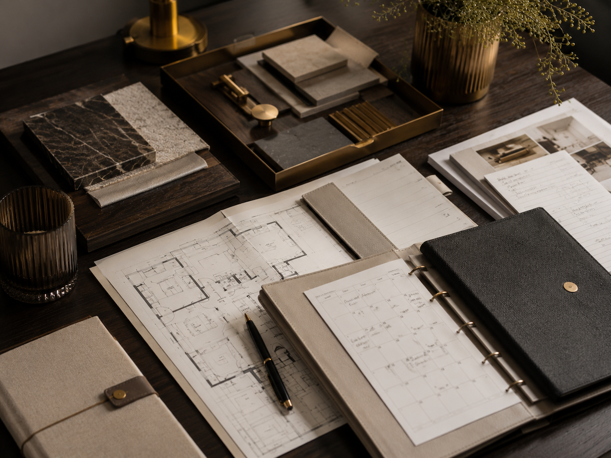 Interior design feasibility review with floor plans, planning documents, material samples, project notes, and organized binders