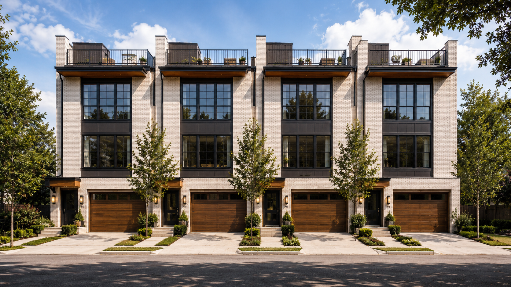 Modern four-unit townhome development in the Houston Heights with three-story residences, individual two-car wood garage doors, black entry doors and divided rooftop terraces