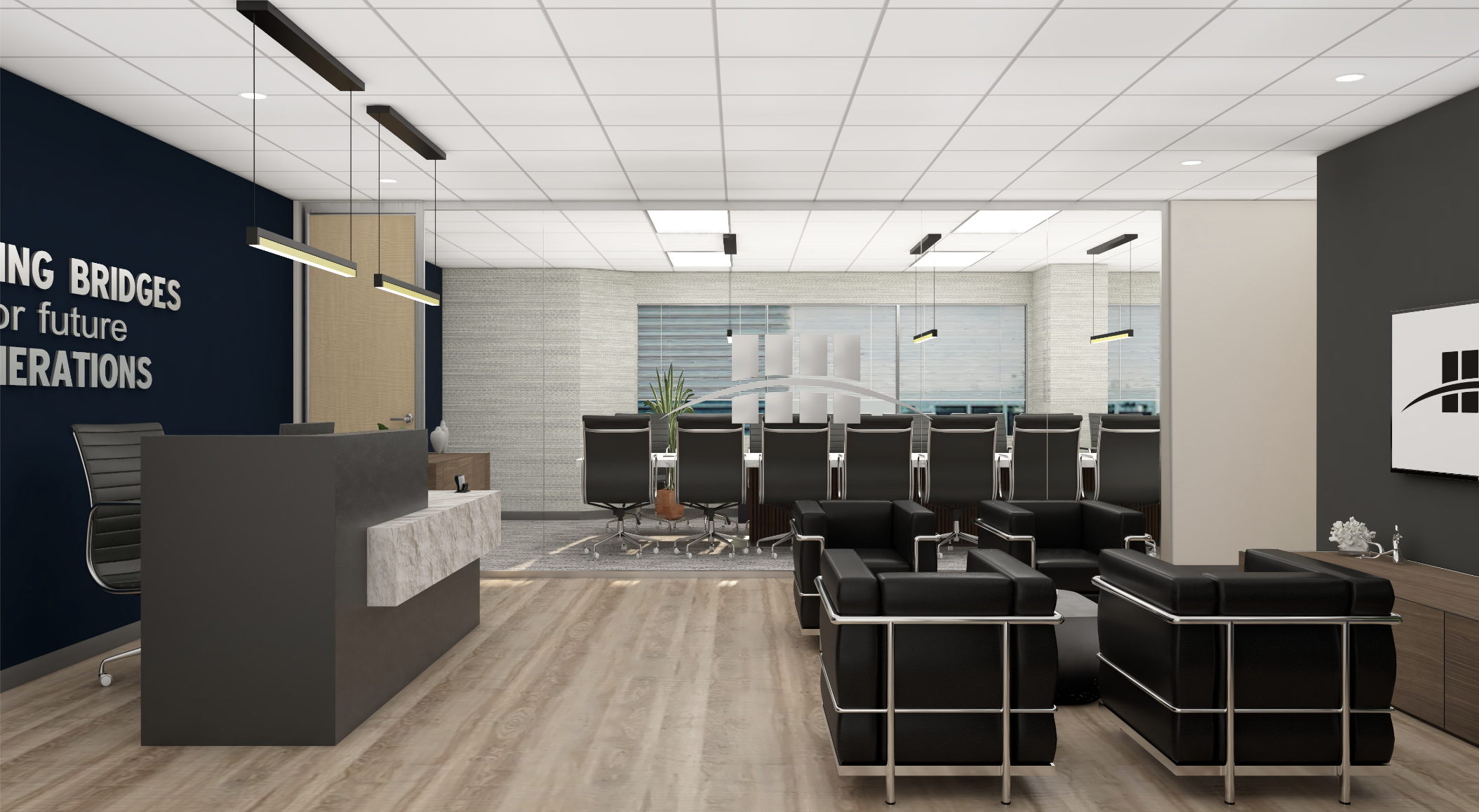 Horizontal reception lounge and boardroom concept for the Modern Sophistication Houston institutional project