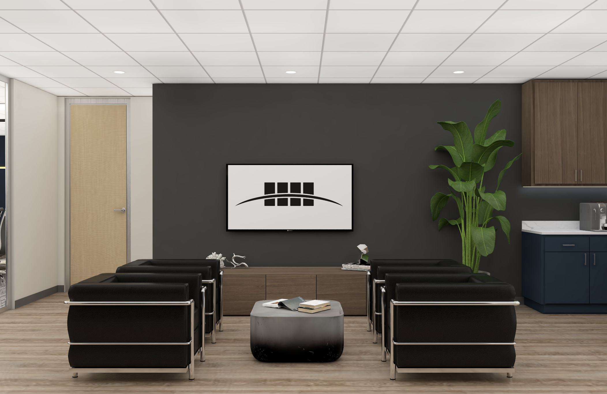Houston institutional reception lounge with guest seating for varied visitors