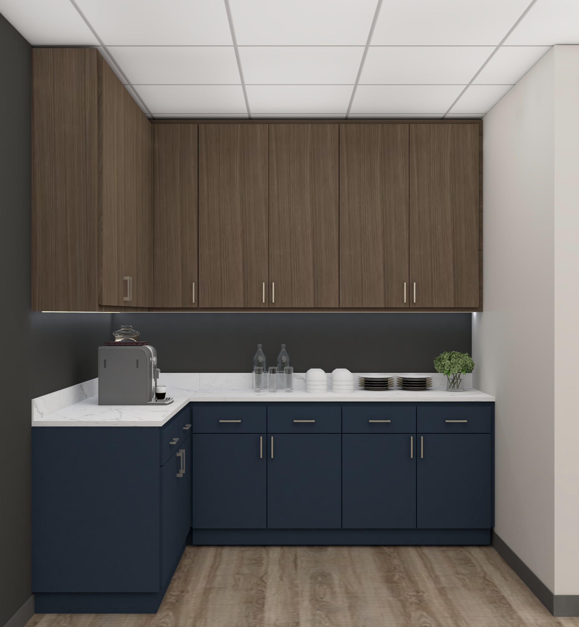 Horizontal institutional lounge coffee and snack bar rendering with walnut cabinetry and white quartz