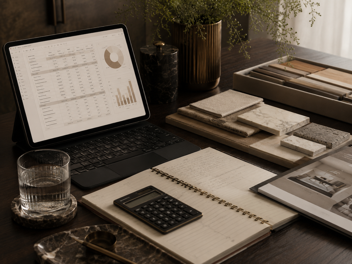 Interior design investment planning workspace with budget analysis, calculator, spreadsheet, material samples, and design documentation