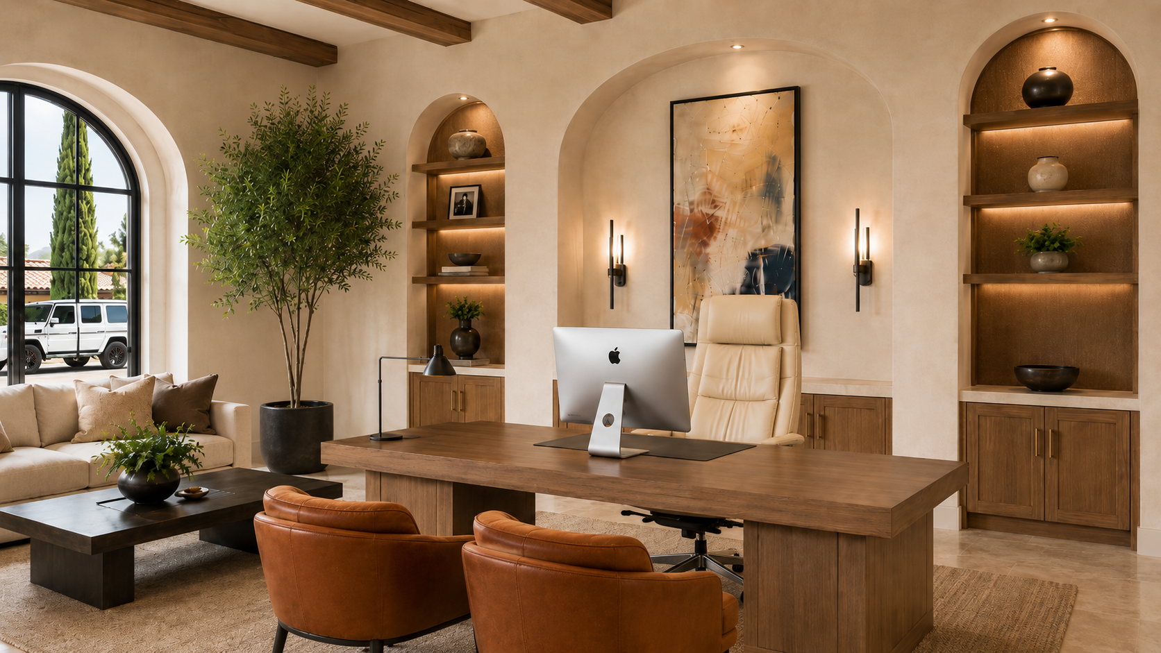 Modern Mediterranean private estate home office with an executive desk, arched custom built-ins, cognac seating and luxury residential design details