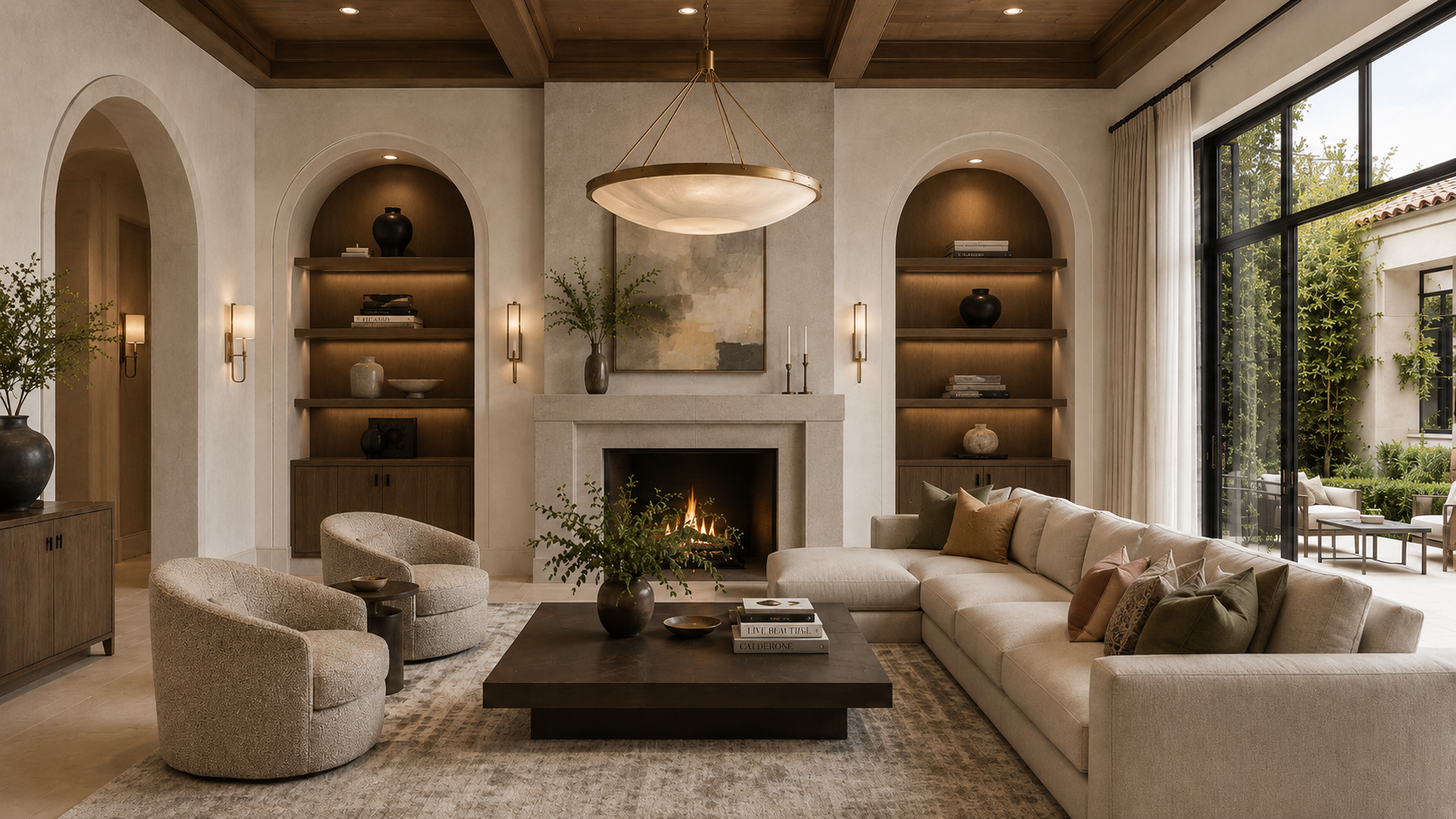 Luxury private estate sitting room with arched walnut built-ins, warm limestone gray fireplace, contemporary sectional, accent chairs, and terrace access.
