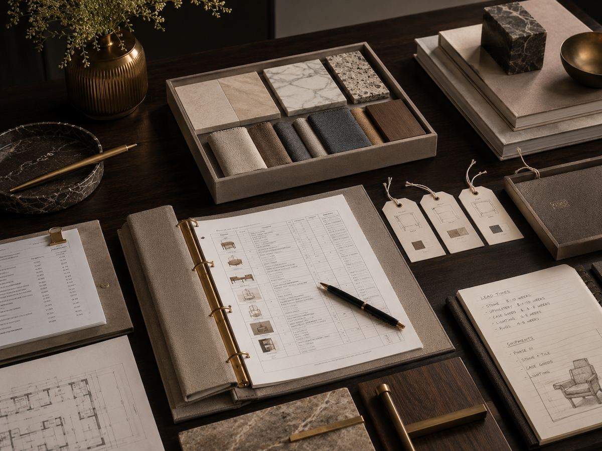 Interior design procurement planning with product specifications, finish samples, furniture tags, lead-time notes, and purchasing documentation