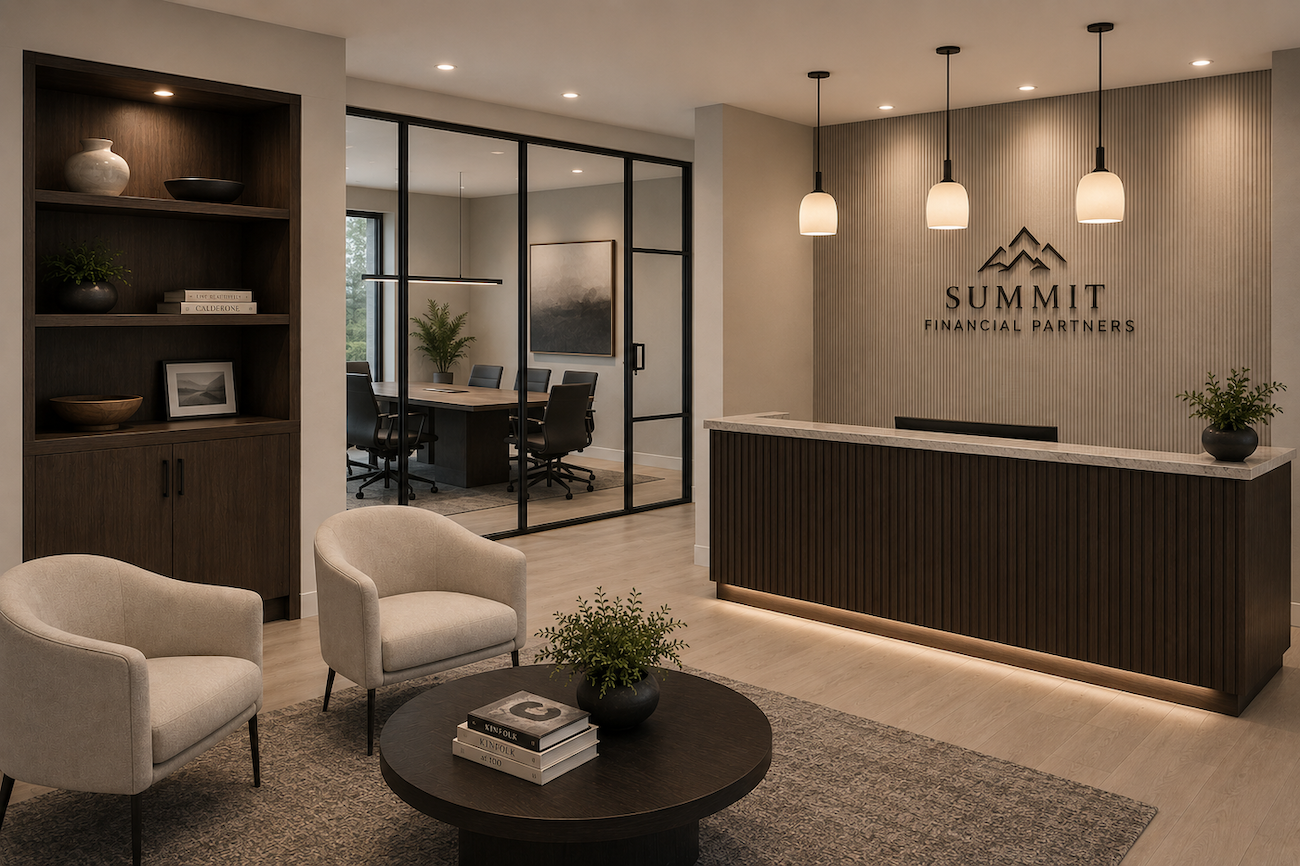Professional office suite reception area with warm wood millwork, marble reception desk, glass conference room, lounge seating, and modern lighting