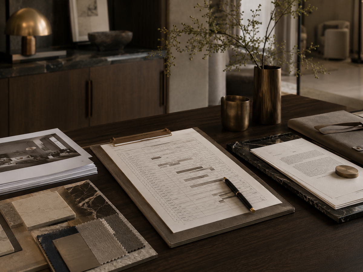 Interior project stewardship workspace with implementation schedule, finish selections, project records, design imagery, and coordination documents