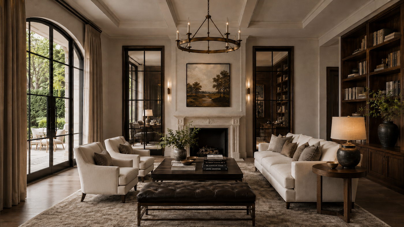Refined private residential interior with tailored seating, black metal doors, built-in shelving, warm lighting, and estate-inspired finishes