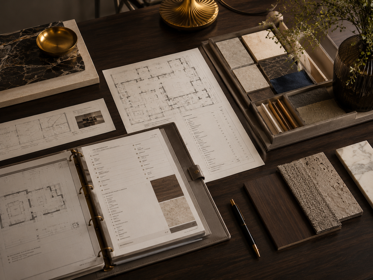 Interior project scope definition materials with architectural drawings, specification documents, finish samples, and organized project binders