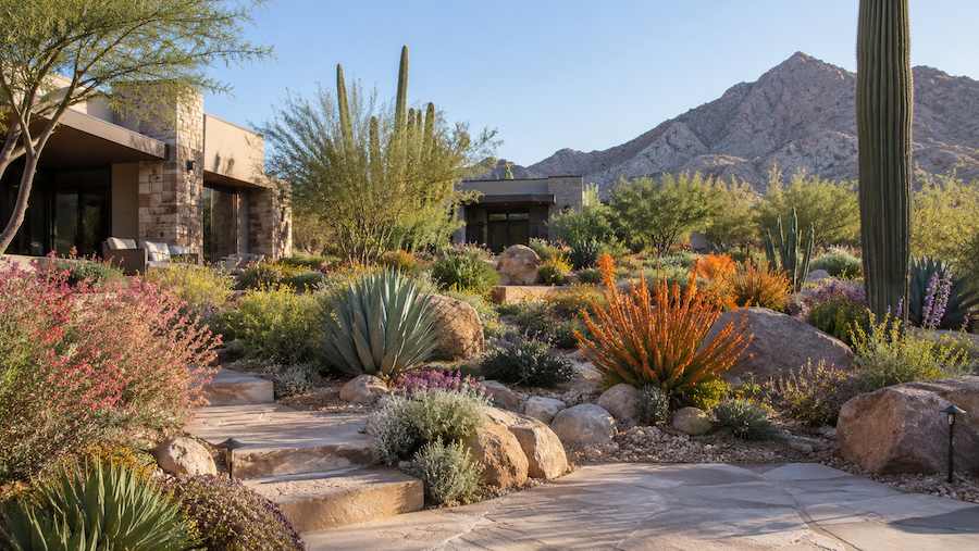 Mature Scottsdale desert landscaping with water-conscious plants and refined residential hardscape